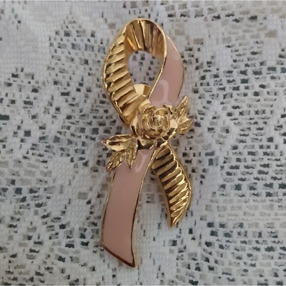 EUC VINTAGE AVON Pink & Gold Ribbon & Rose Breast Cancer Awareness 2" Pin/Brooch - Picture 1 of 6